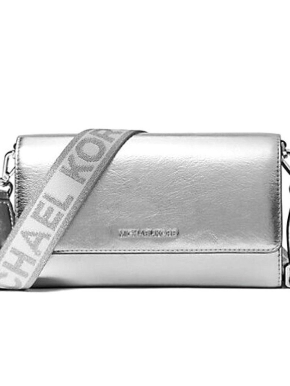 New Michael Kors Jet Set Item Large Wallet Crossbody Leather Metallic Silver